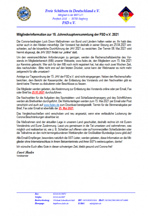 Mitgliederinfo zur Jahreshauptversammlung 2021