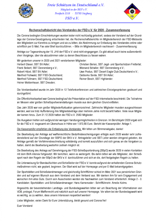 Rechenschaftsbericht des Vorstandes 2020